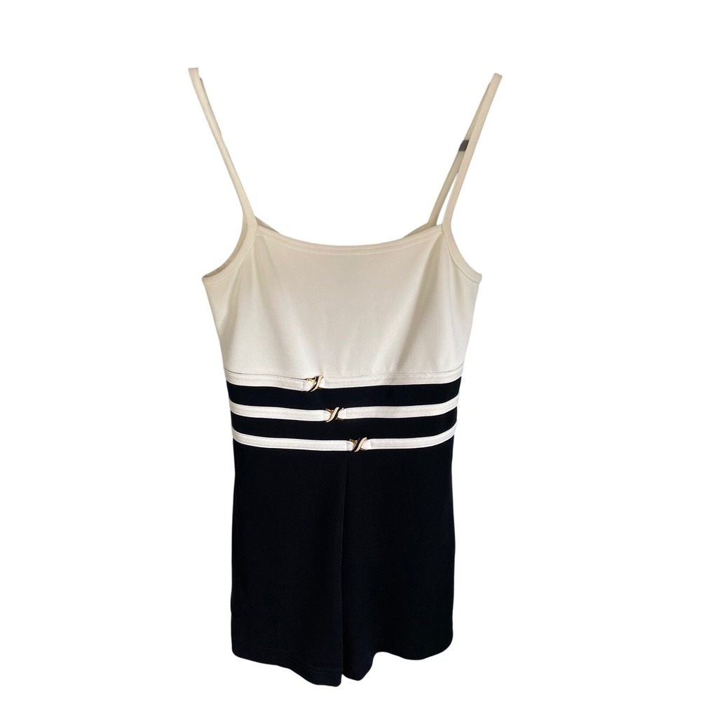 NWT Vintage CACHÉ 90s Resort Romper -‎ Black & White Gold Hardware - Sz 6